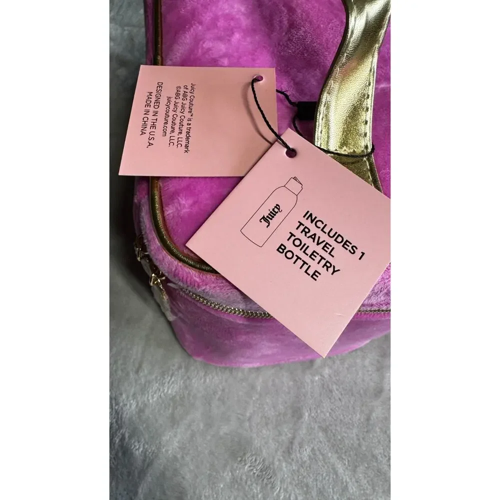 Juicy Couture NEW Pink Velvet Travel Toiletry Cosmetic Bag Bottle Gold Logo Zip